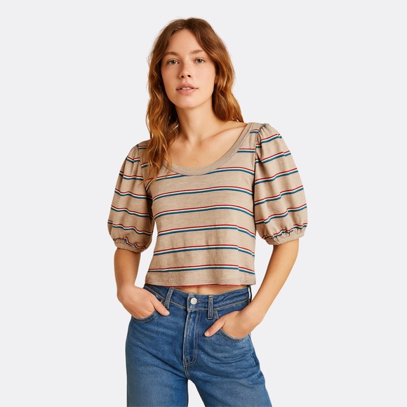 We The Free Molly Stripe Puff Sleeve Crop Top Womens Size M USA Made - Picture 1 of 4
